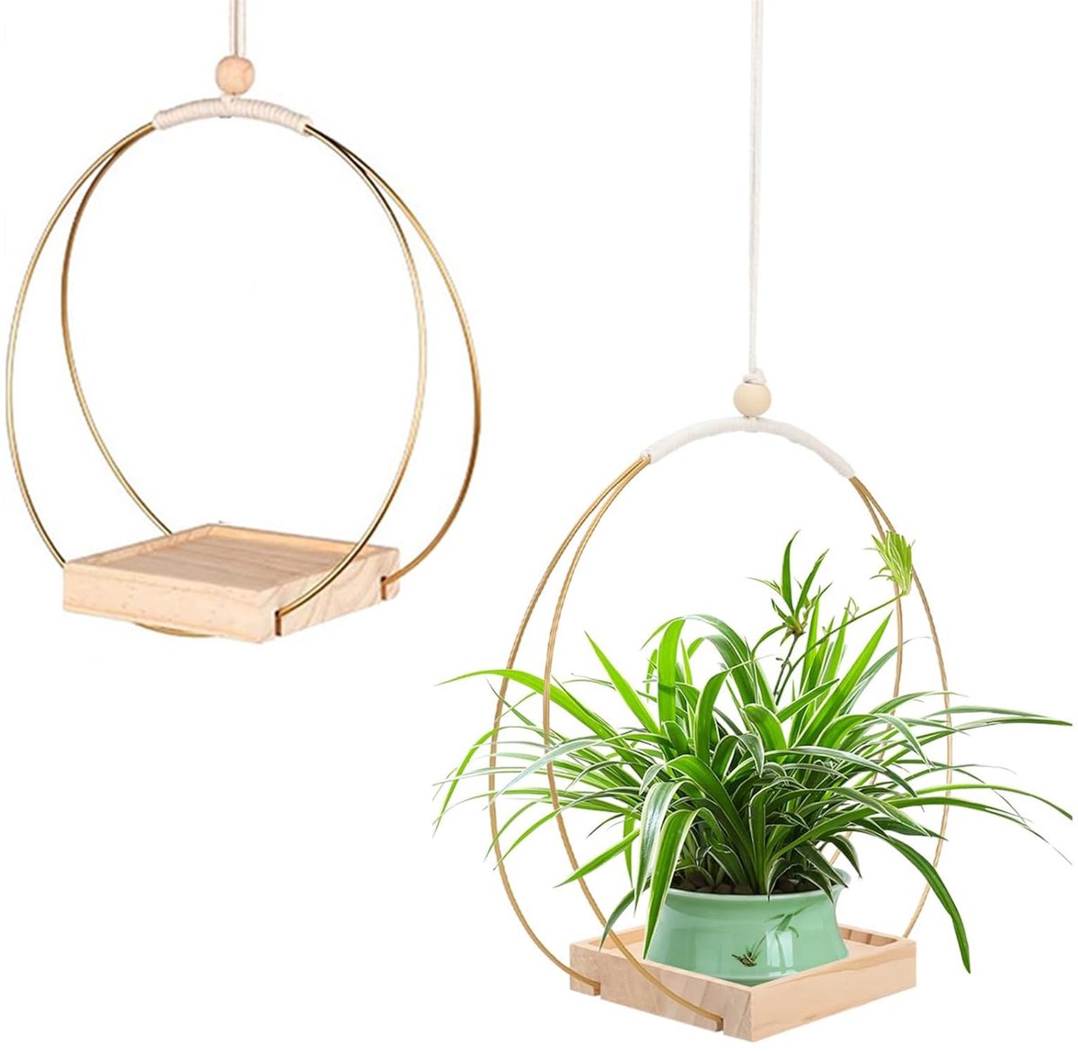 Plantenhangers voor binnen, bloempotten voor buiten, hangplanten, pot, metalen wandophanging, plantenbak met houten sokkel, hangende plantenhouder, 12 cm houten palet, met
