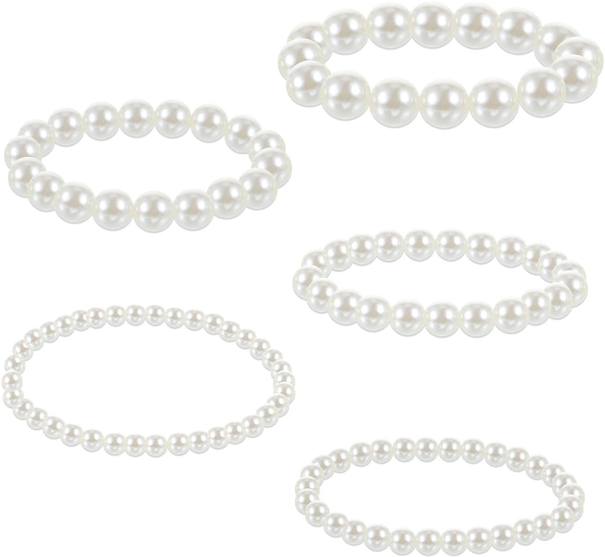 Set van 5 parelarmbanden voor vrouwen, witte stretch bruidsmeisje stapelbare armbanden, elastische armband voor bruids bruiloft, meerlaags kostuum parel sieraden set voor verjaardag, bal, fe