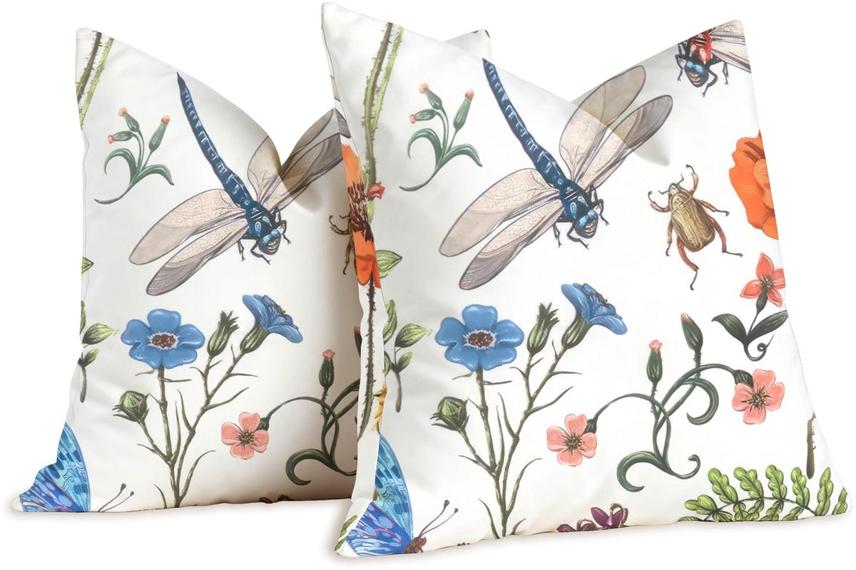 Set van 2 outdoorkussens, weerbestendige kussenslopen, 45 x 45 cm, linnen, zomer, kussenslopen, bloemen, libelle, lente, kussensloop, bankkussen, sierkussensloop, dubbelzijdig, voor bank
