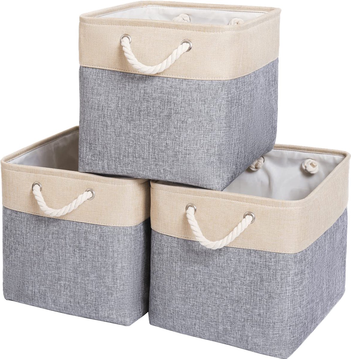 stoffen opbergmanden, 33 x 38 x 33 cm grote opvouwbare opbergdozen voor het organiseren van kledingplanken, kinderkamer, kast (33x38x33/3-pack, grijs/beige)