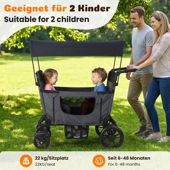 Opvouwbare bolderkar voor 2 kinderen, donkergrijs, zitplaats om te bouwen tot bed, 8-standige handgreeptelling, inklapbaar, met zonnedak en dienblad, 5-puntsgordel, PU-wielen met remmen van Opvouwbare Bolderkar — afbeelding 5