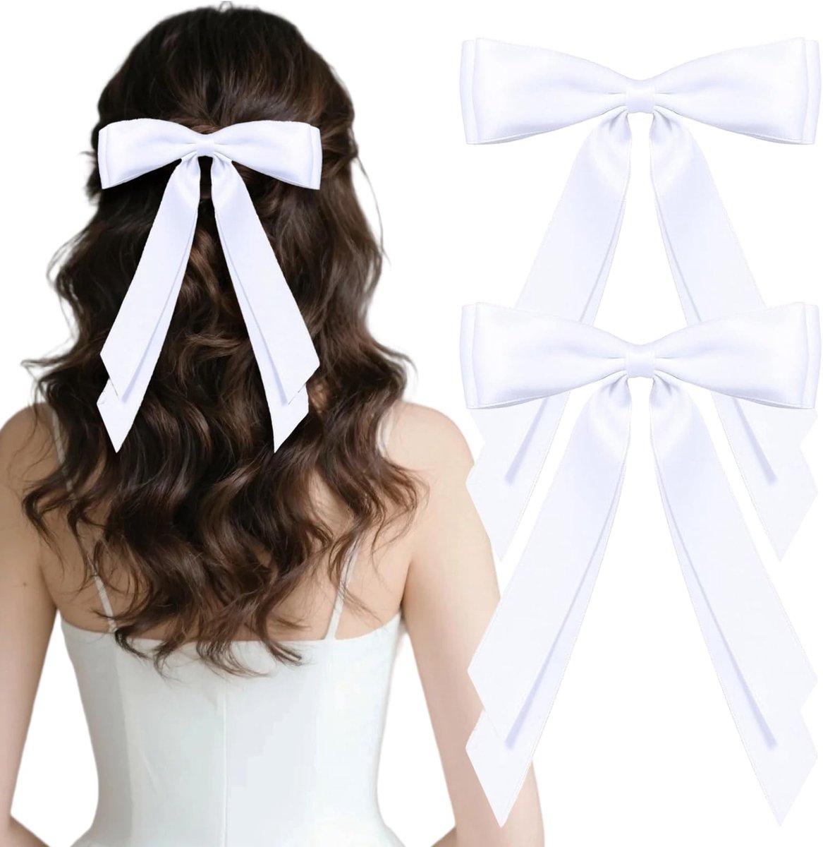 2 stuks haarstrikken clip met lange staart en zijdeachtig, kwastje lint strik haarclips accessoires, accessoires voor feest Valentijnsdag, geschenken voor vrouwen meisjes (wit)