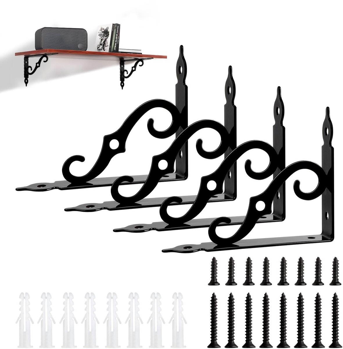 4 stuks plankhouders zwart metaal 19 cm, plankhoek zwart, plankdrager vintage, antieke stijl S-vormige plankhouder, zwaarlasthoek voor wandplank, zweefplank, wandkonsole, plankplaten