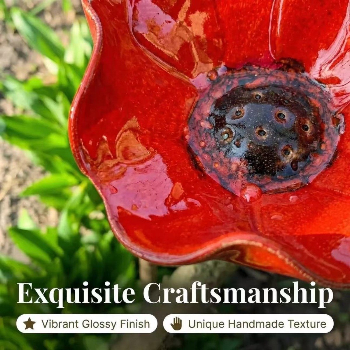 Handgemaakte metalen bloemen tuinpaal vogelvoeder – Rode bloemvormige vogelbad- en voederkom, decoratieve buitenpaal