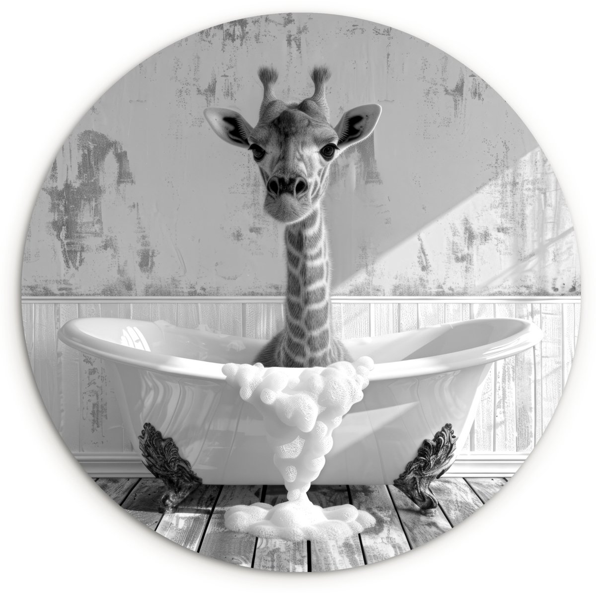WallCircle Wandcirkel 30x30 cm - Muurcirkel Giraffe - Dieren Badkuip - Vintage - Zwart Wit - Wilde dieren - Muurdecoratie woonkamer - Wanddecoratie slaapkamer - Kamer decoratie accessoires - Ronde schilderijen binnen - Woonaccessoires Giraf - Badkuip