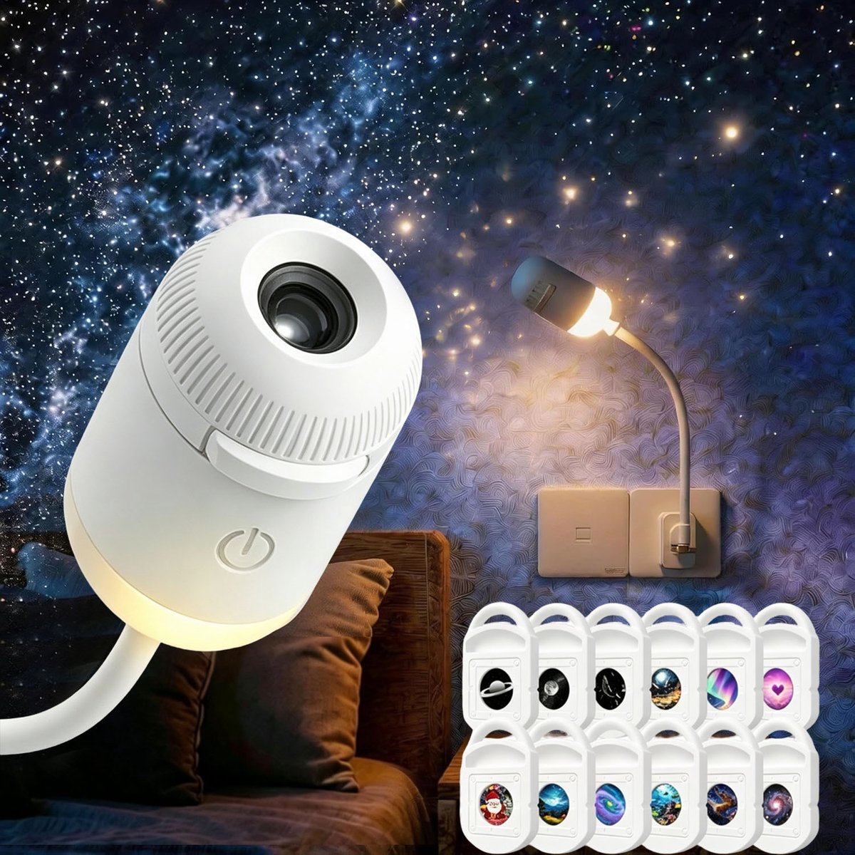 Namajunas – Sfeerverlichting auto – 2-in-1 sterrenprojector & nachtlamp – 12 films, 360° draaibaar – Dimbare LED, touchbediening – USB op zakformaat – Voor kinderkamer, slaapkamer & auto-accessoires interieur