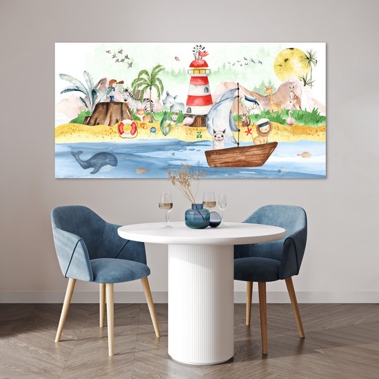 Poster kinderen - Wanddecoratie jongens - Strand - Dieren - Kinderen - Vuurtoren - Poster kinderkamer - 160x80 cm - Decoratie kinderkamers - Kinderkamer decoratie - Poster Babykamer — afbeelding 2