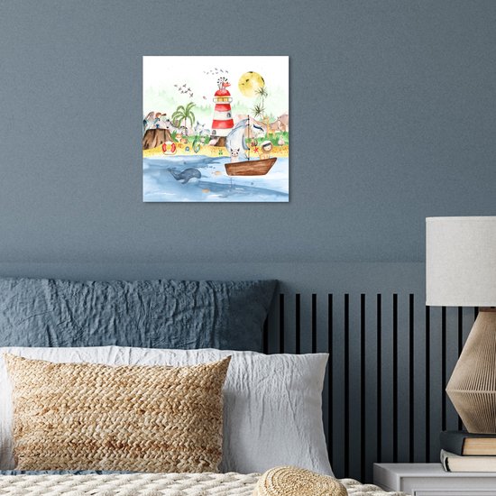 Poster kinderen - Wanddecoratie jongens - Strand - Dieren - Kinderen - Vuurtoren - Poster kinderkamer - 30x30 cm - Decoratie kinderkamers - Kinderkamer decoratie - Poster Babykamer — afbeelding 4
