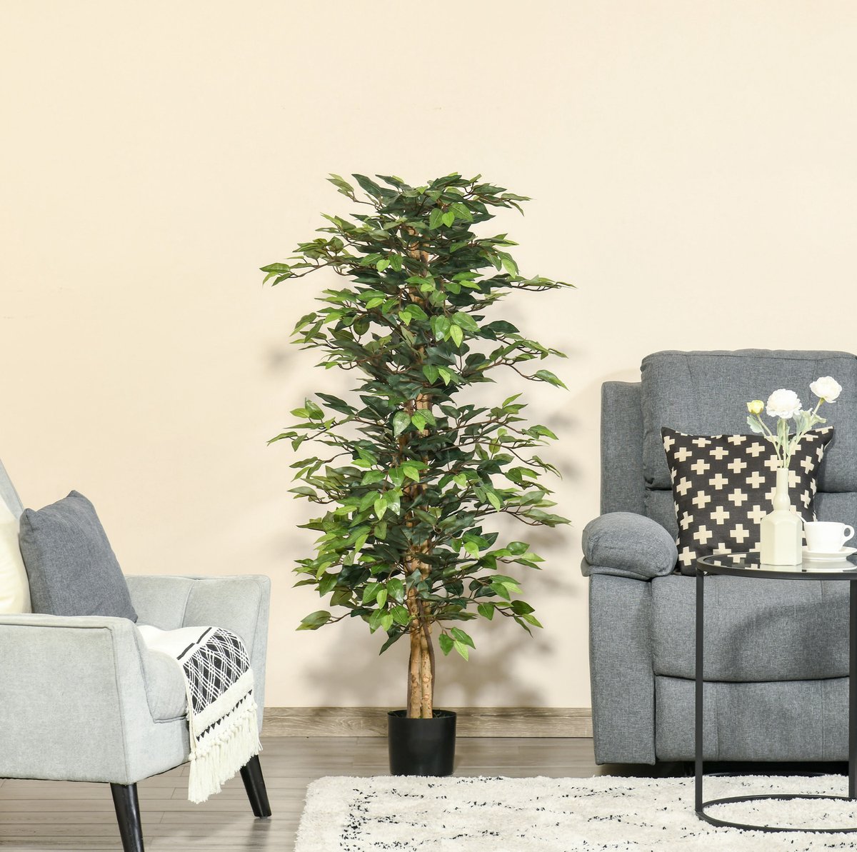 MEUNIQ Kunstplant ficusboom 150 cm in zwarte bloempot voor binnen & buiten, decoratieve kunstplant met realistische groene bladeren