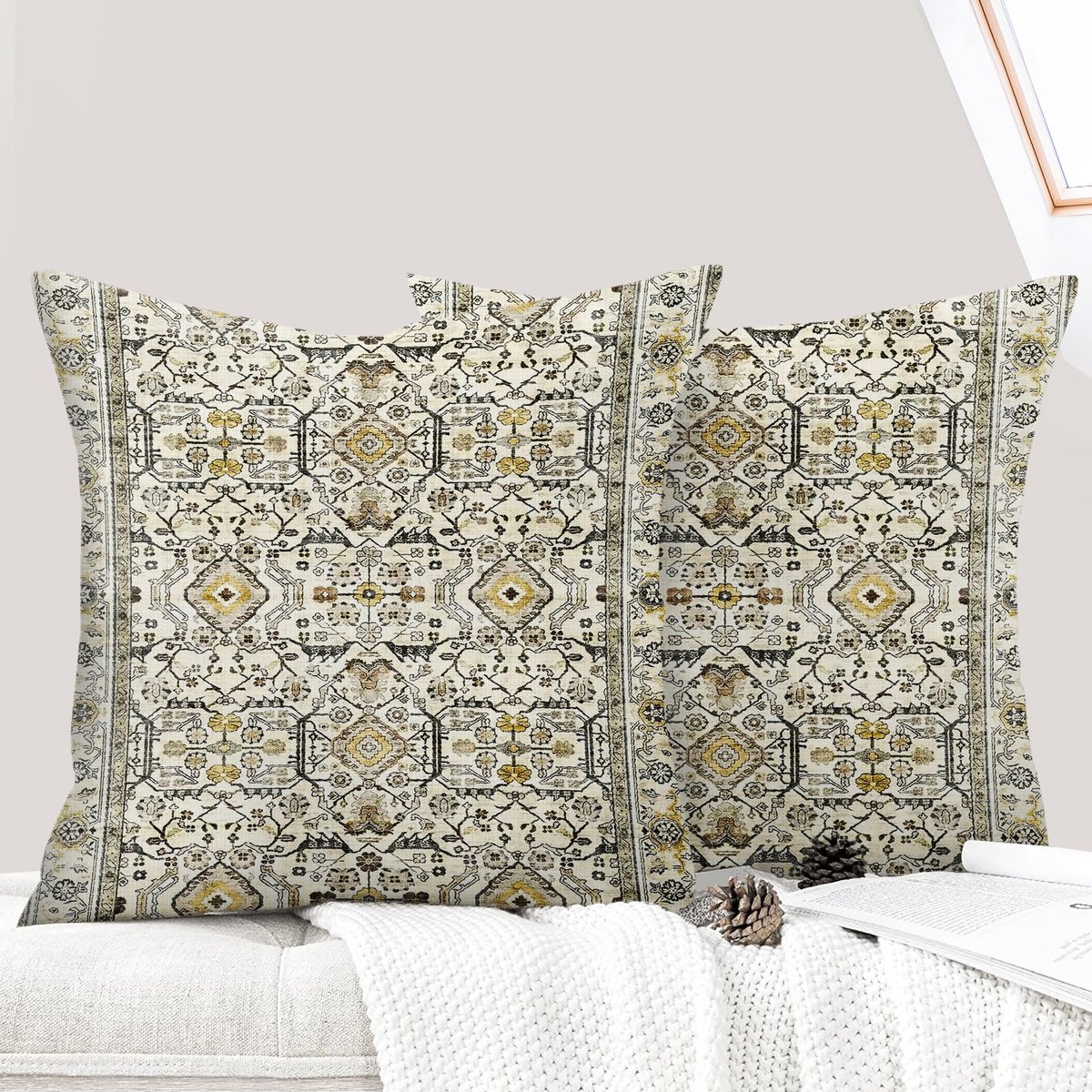 set van 2 Boho kussenslopen 50x50 cm kussenovertrek decoratief decokussen Boho stijl vintage sierkussen voor woonkamer slaapkamer bank Home Decor met verborgen ritssluiting - Geel Grijs