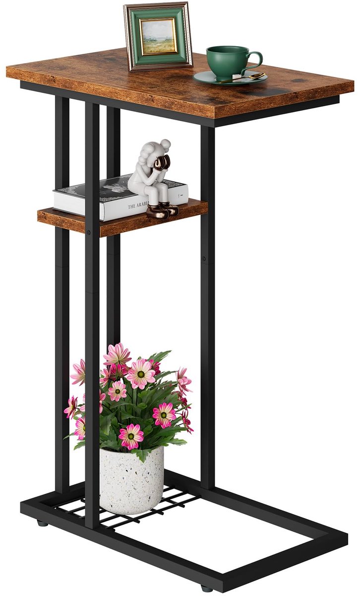 Lage bijzettafel, bankpunt, C-vorm met 2 etages, opslag, metalen frame, industriële stijl voor woonkamer, slaapkamer, balkon, kantoor, 40 x 26 x 61,5 cm, bruin en zwart HST004H