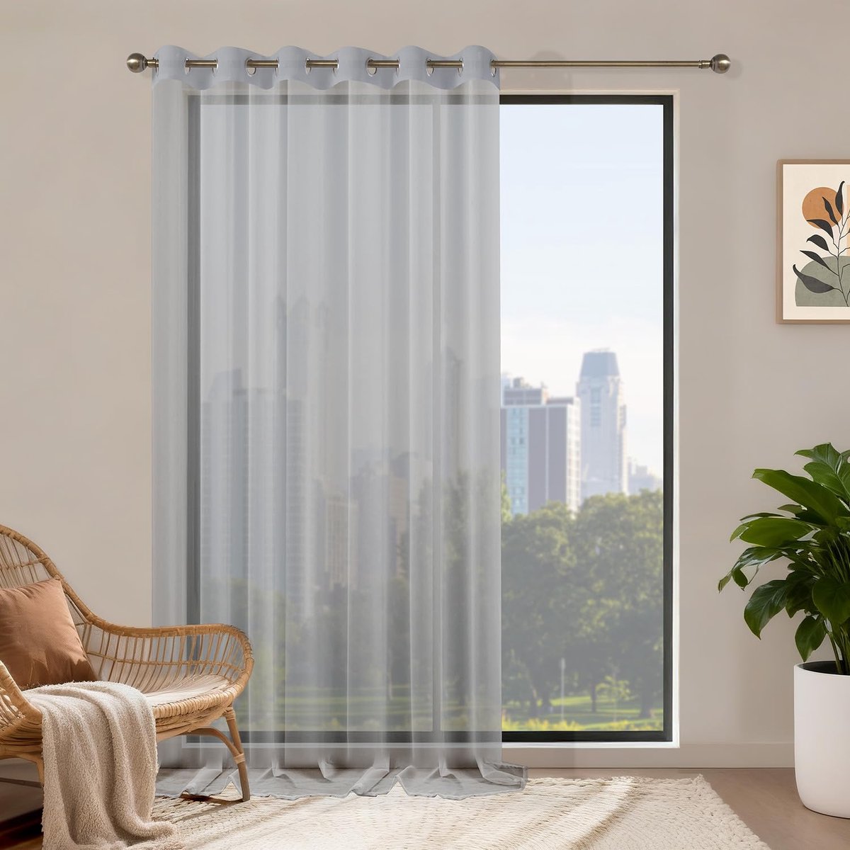 grijs, 200 x 245 cm, set van 2 gordijnen, kort, transparant, met oogjes, moderne binnendecoratie voor woonkamer, slaapkamer, keuken, erkerraam, lichtfiltering