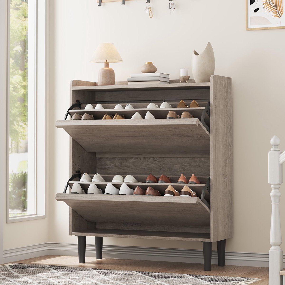 Smal Schoenenkast 2 Kleppen Voor 12-16 Paar Schoenen - 87x26x95cm - Schoenenrek - Schoenenmeubel Hout - Verstelbare Planken - Minimalistisch - Ruimtebesparend - Voor Hal Woonkamer - Grijs