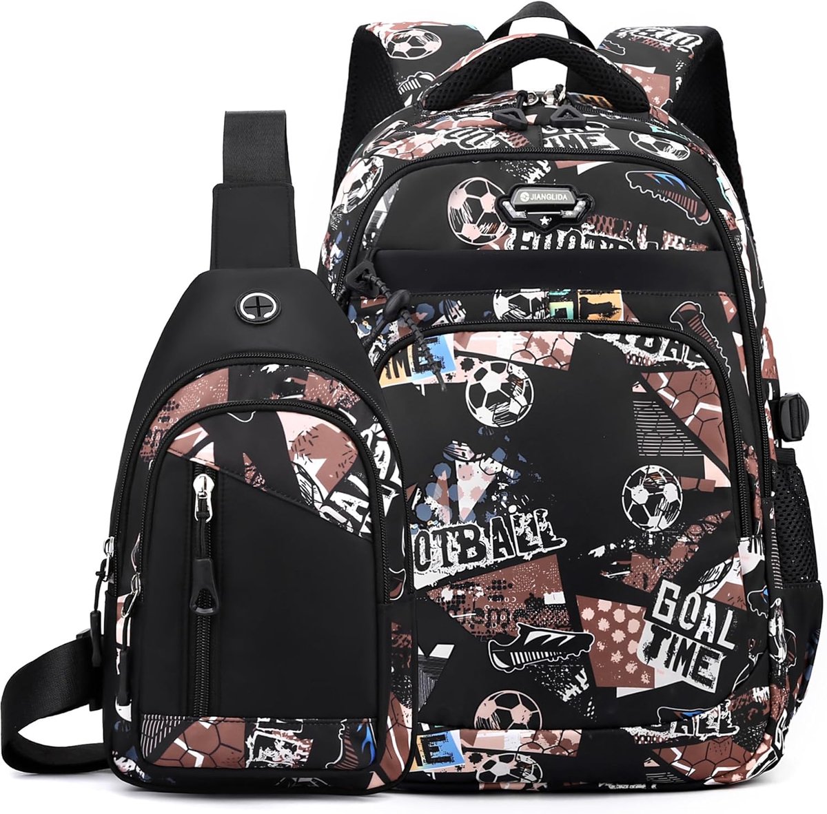 2 Stuks Jongens Voetbal Print Rugzak Set - Grote Inhoud Graffiti Schoolrugzak met Borsttas - Waterafstotende Laptop Boektas voor Tiener Jongens Middelbare School Terug naar School Reizen