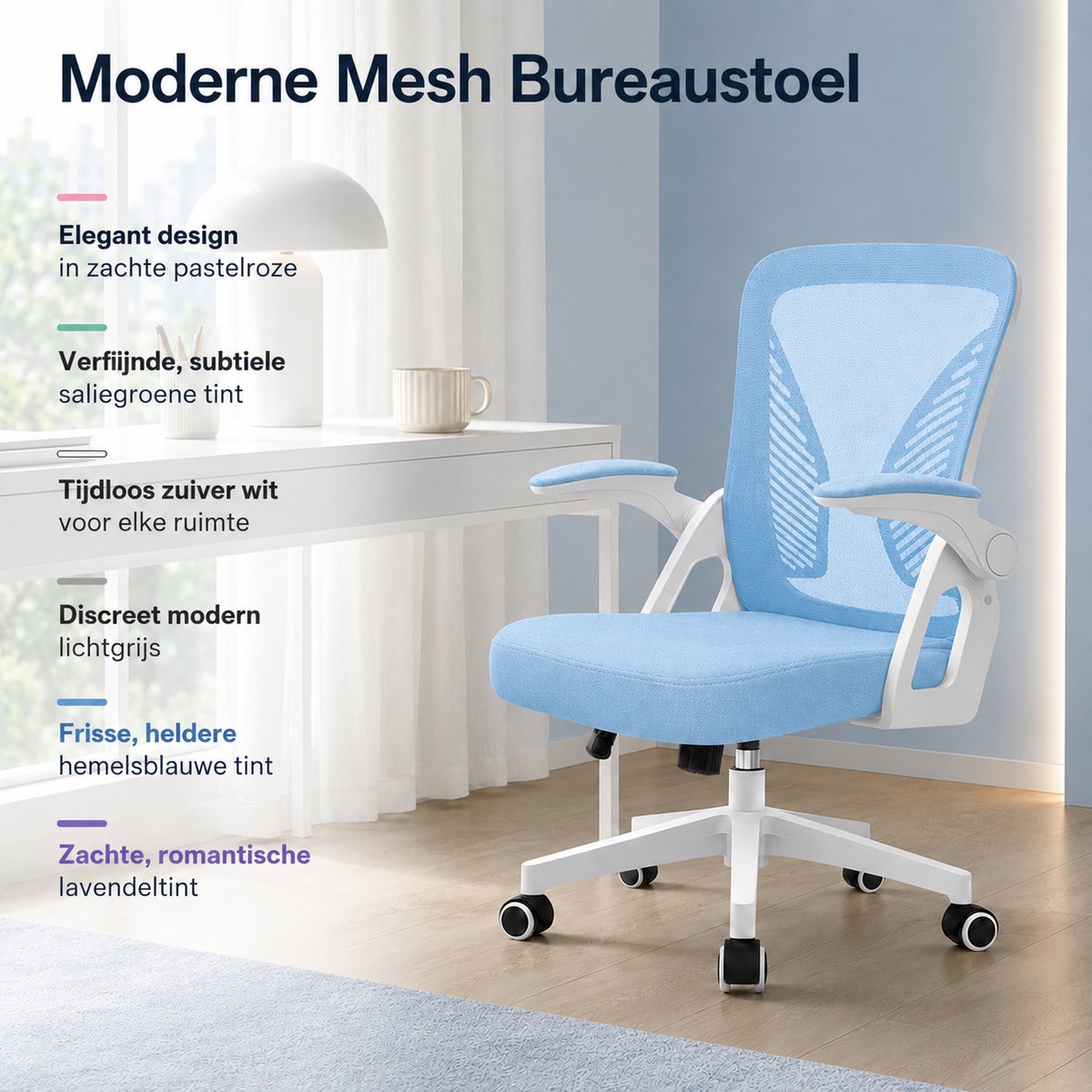 Milacyee Bureaustoel - Ergonomische Bureaustoel – Verstelbare Gaming/Computerstoel met Mesh Rug & Lendensteun – 90° Opklapbare Armleuningen – Directiestoel met Stille Wieltjes – Tot 130 kg Belasting - blauw - Geschikt voor thuiswerk en kantoor – foto 6