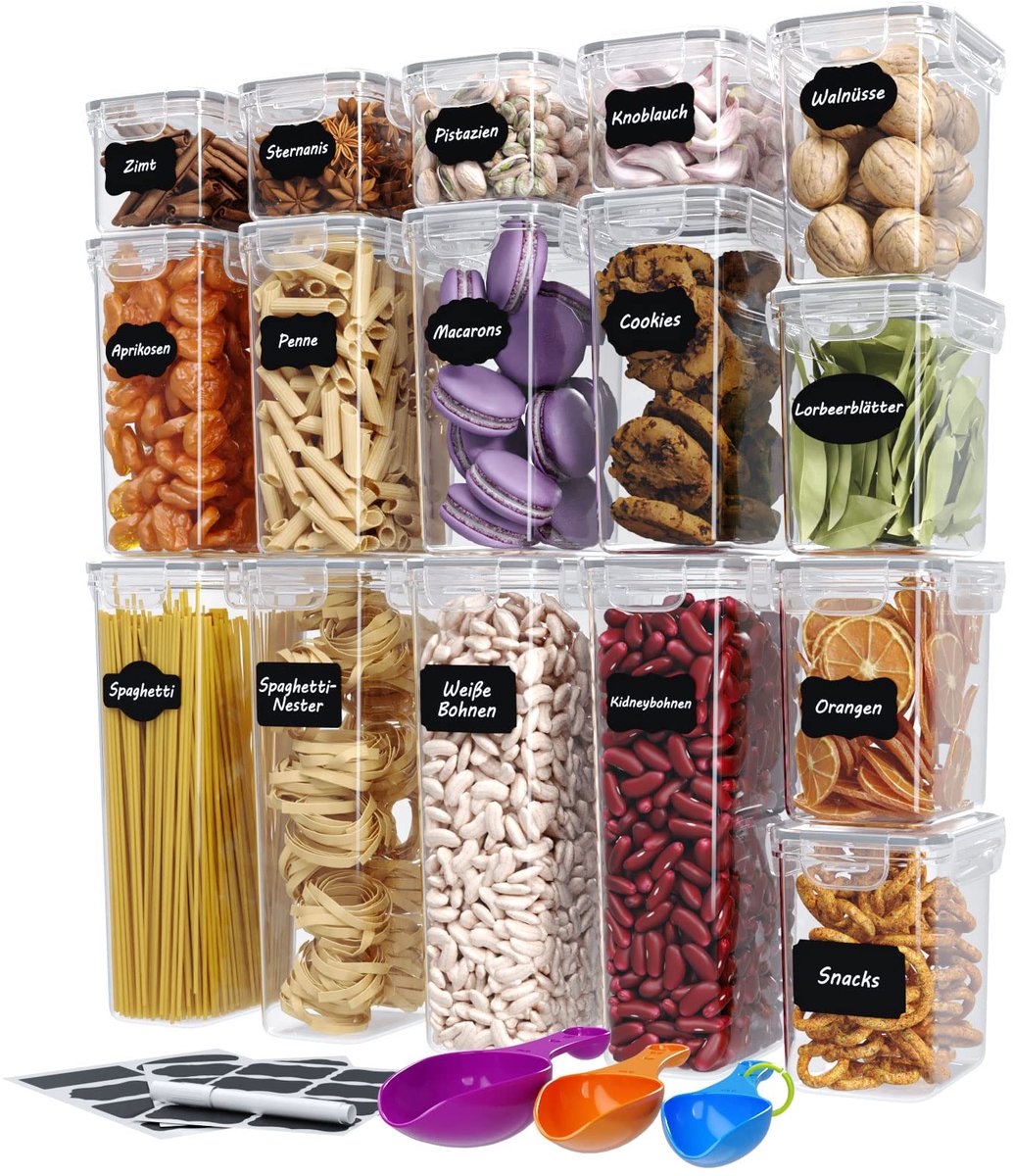 Voorraaddozenset met etiketten, krijtstift en maatlepels, vershouddozen met deksel, BPA-vrij, luchtdicht, lekvrij, vaatwasmachinebestendig, aantal: 16-delig.