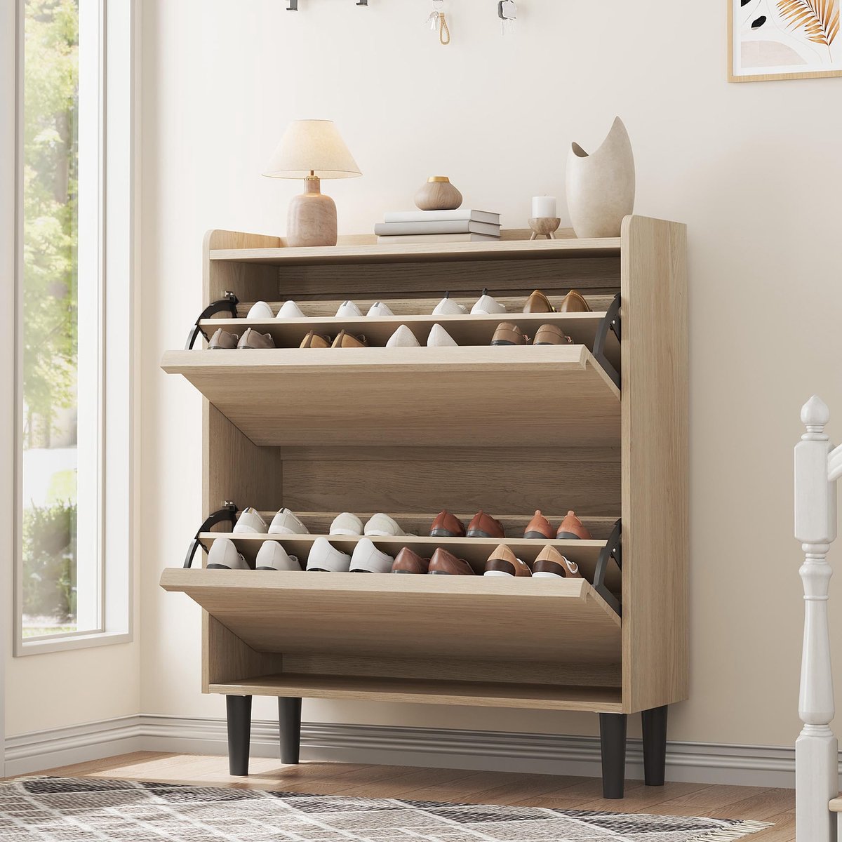 Smal Schoenenkast 2 Kleppen Voor 12-16 Paar Schoenen - 87x26x95cm - Schoenenrek - Schoenenmeubel Hout - Verstelbare Planken - Minimalistisch - Ruimtebesparend - Voor Hal Woonkamer - Houtkleur