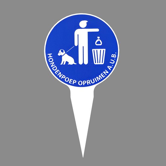 Blauw rond bordje met hondenpoep-opruimplicht symbool, 'HONDENPOEP OPRUIMEN A.U.B.' tekst, op grijze achtergrond.