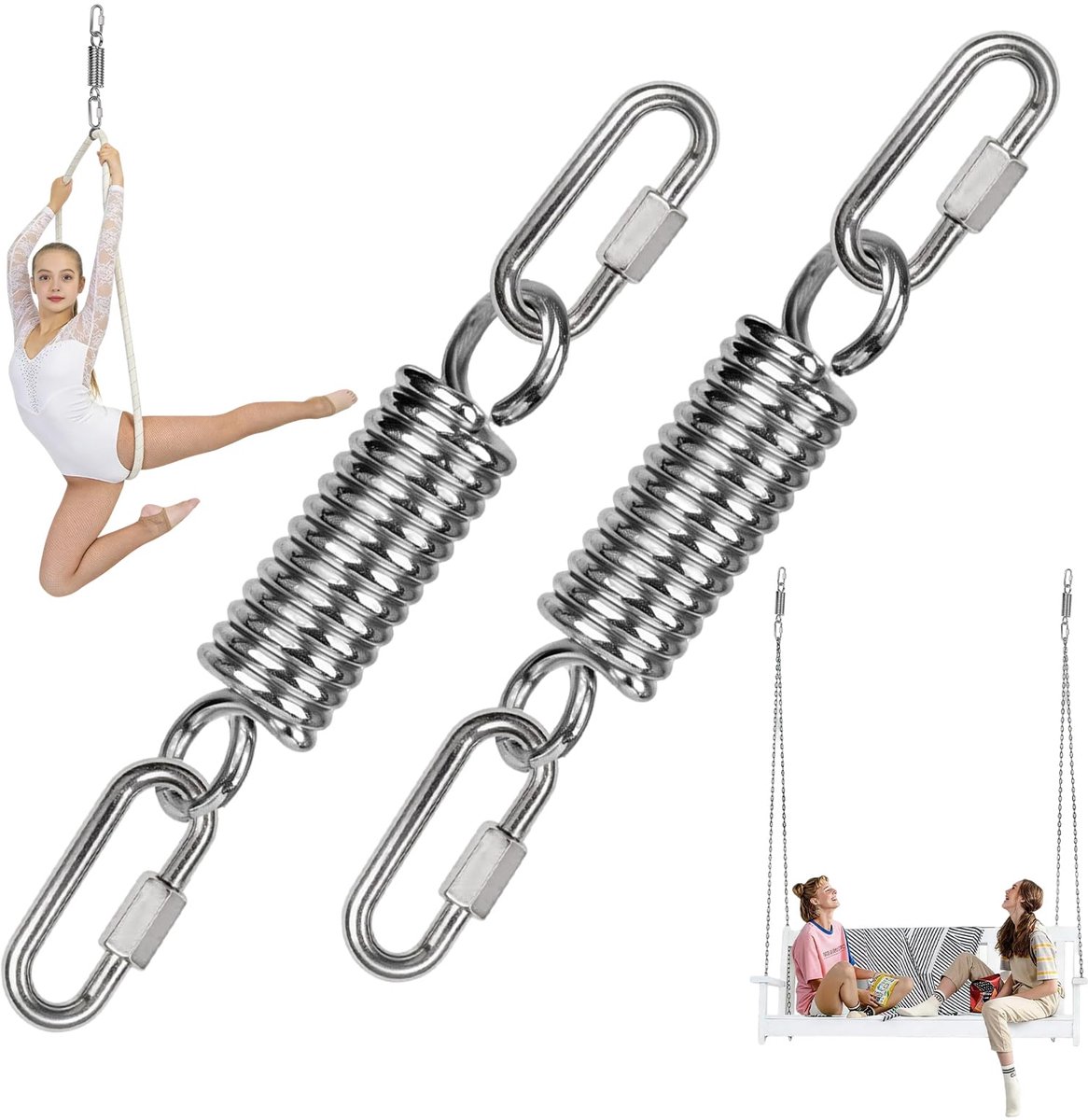 2 stuks schommelveer voor hangstoel, draaiwervels met 4 karabijnhaken, trekveren met ogen, karabijnhaak, draagvermogen tot 250 kg, ophangveer voor bokszakhouder, hangmat, yoga (zilver)
