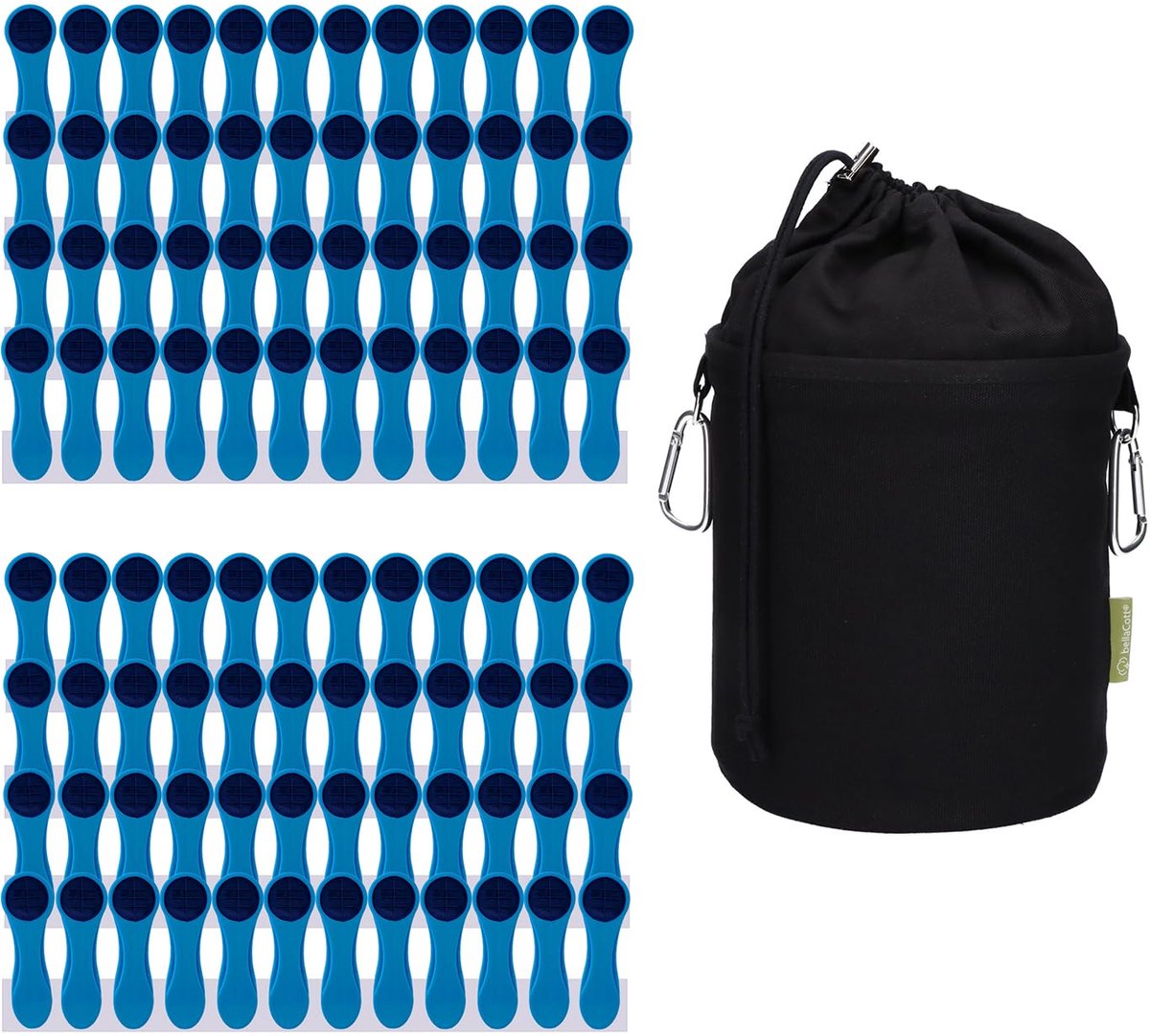 96 Softgrip wasknijperset, blauw, met canvas wasknijperzak, zwart, robuuste katoenen tas met karabijnhaak en trekkoord, wasbaar