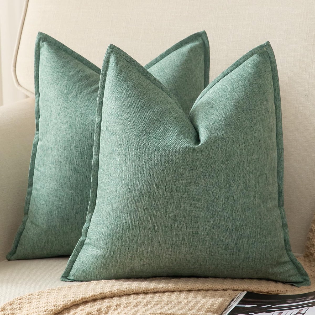 Pak van 2 decoratieve linnen effen kussenhoezen, boerderijstijl, neutraal, voor stoel, bank, slaapkamer, woonkamer, 50 x 50 cm, saliegroen