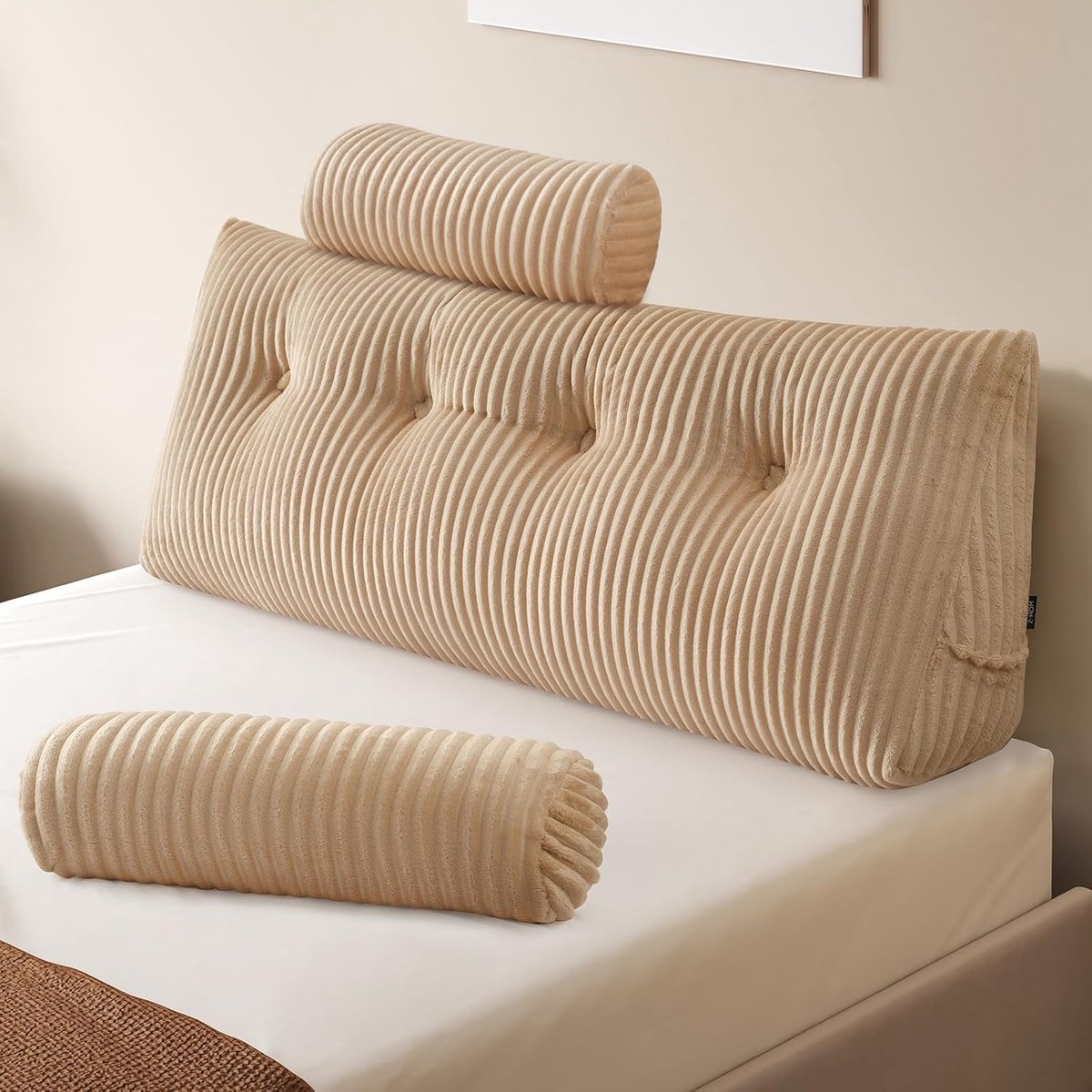 Boekenkussen, wigvormig kussen, leeskussen voor bed en bank, gezellig rugkussen, praktisch zijvak, verwijderbare hoes, met rond hoofdkussen (beige, 120 cm)