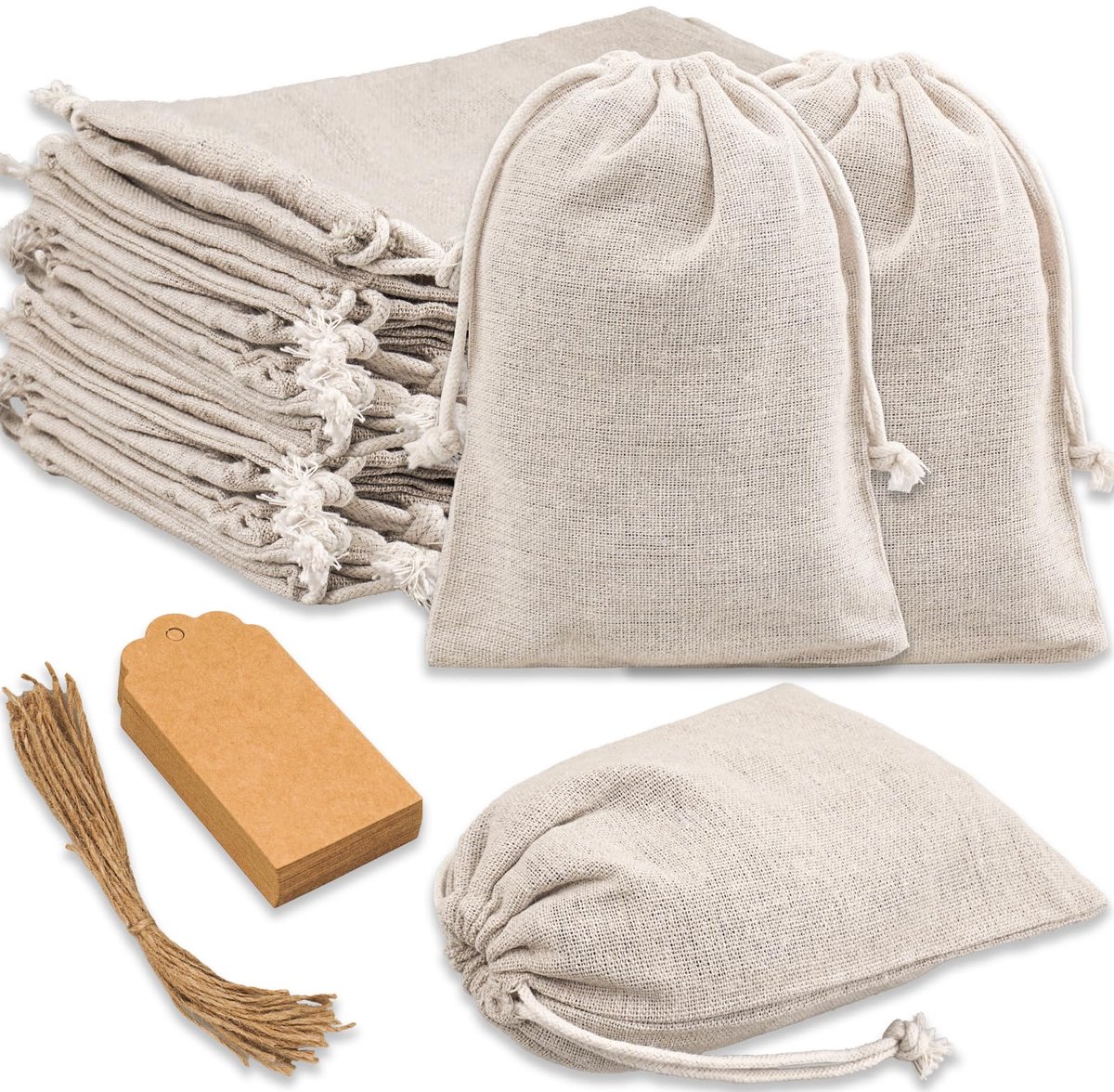 rietegio 30 stuks katoenen zakjes met trekkoord en 30 stuks cadeauhangers 13x18cm onbedrukte stoffen zakjes klein om te vullen voor sieraden, bruiloft, feest, DIY-handwerk, Kerstmis