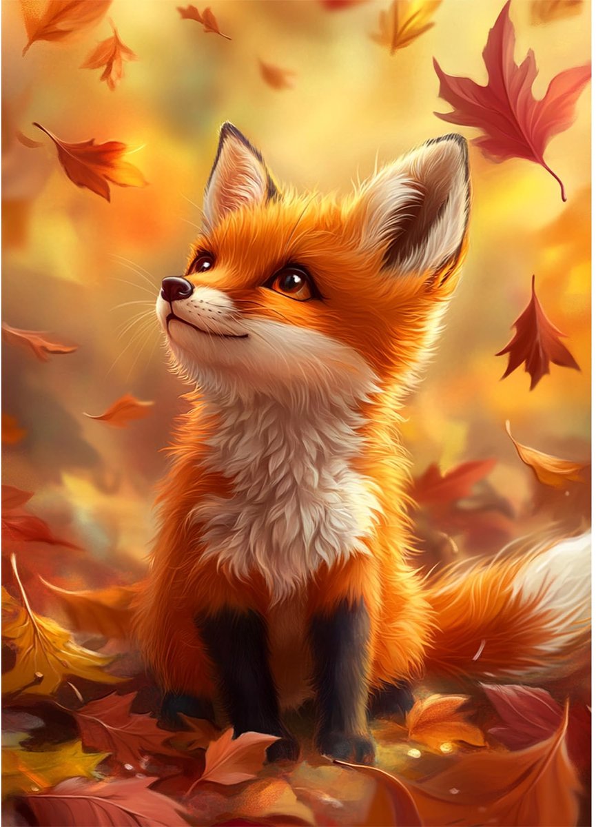 DIY Diamond Painting Art Kits Leuke vos, Diamond Painting Set Dieren voor Volwassenen, Geborduurde Foto's met Strass-steentjes van Herfstbladeren voor Beginners, Wanddecoratie voor het Huis
