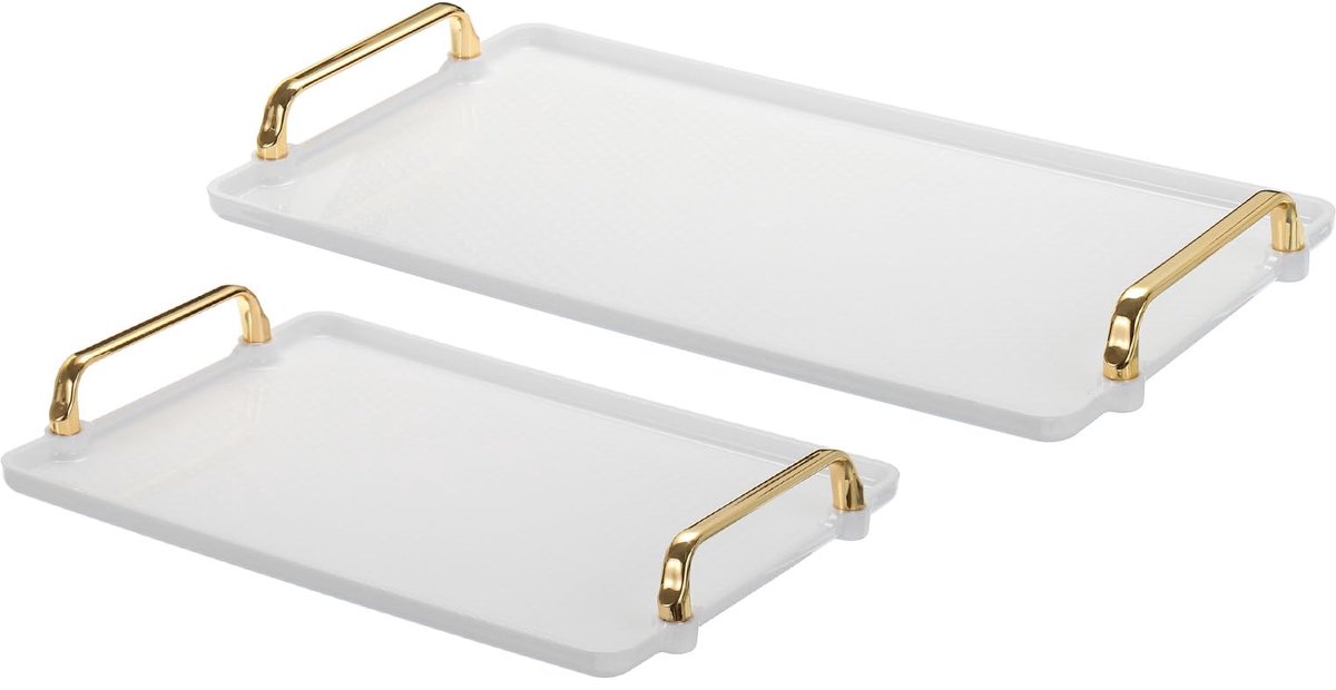 Dienblad met gouden handvat, 2 stuks 40,9 cm x 22,1 cm x 20 cm moderne rechthoekige decoratieve lade voor aanrecht badkamer keuken, wit