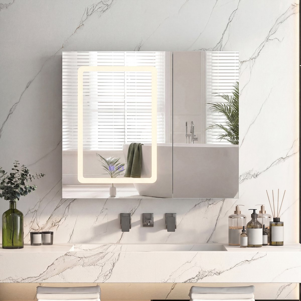 Badkamer Spiegelkast 70 cm met LED Verlichting – 2 Deurs Spiegelkast met Anti Condens, Dubbelzijdige Spiegeldeur en Verstelbare Planken