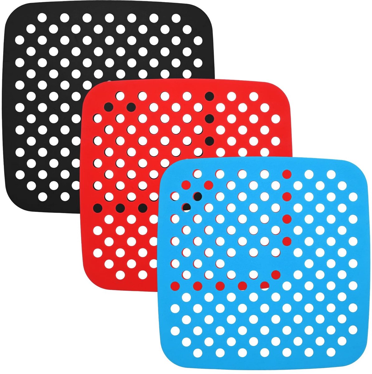 matten voor heteluchtfriteuse, siliconen airfryer liners, 19 cm, herbruikbare siliconenmat, vierkante anti-aanbaklaag, binnenvoering, mat (zwart, blauw + rood)