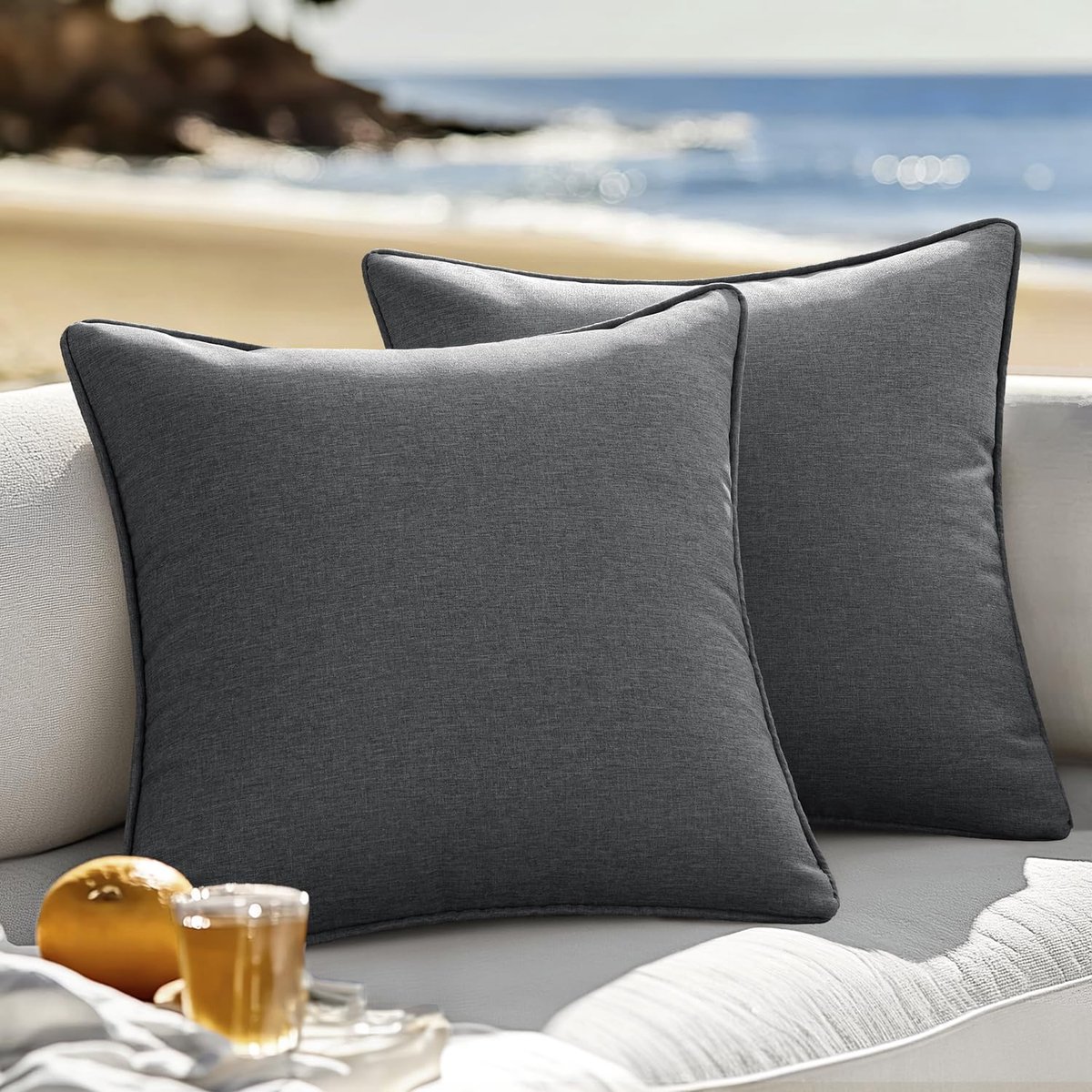 Set van 2 weerbestendige kussenslopen voor buiten, decoratieve moderne kussenhoezen decoratie polyester linnenlook kussenslopen voor tuin bank woonkamer bed kussenhoes 40 x 40 cm, B-donkergrijs