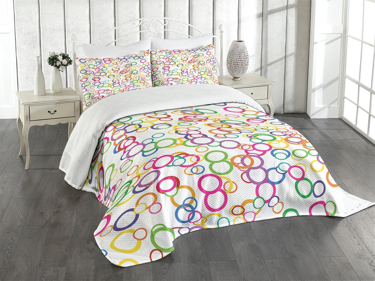 Bedsprei, Gekleurde Geometrische Cirkel, Decoratieve Gewatteerde 2-delige Spreiset met 1 Kussensloop, 170 x 220 cm, Lavender Salmon