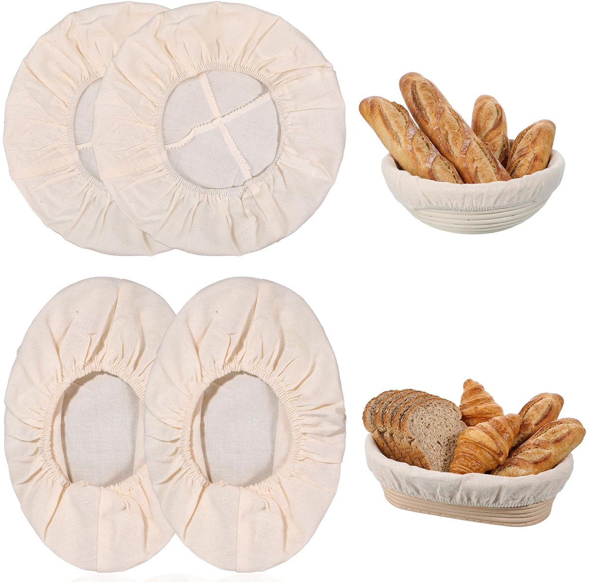 4 stuks broodveilige mand, stoffen voering, ronde banneton-veilige mand, stoffen voering, natuurlijk rotan, broodafdekking, wasbaar voor rijzen, zuurdesem, rijzen bij het bakken, ovaal