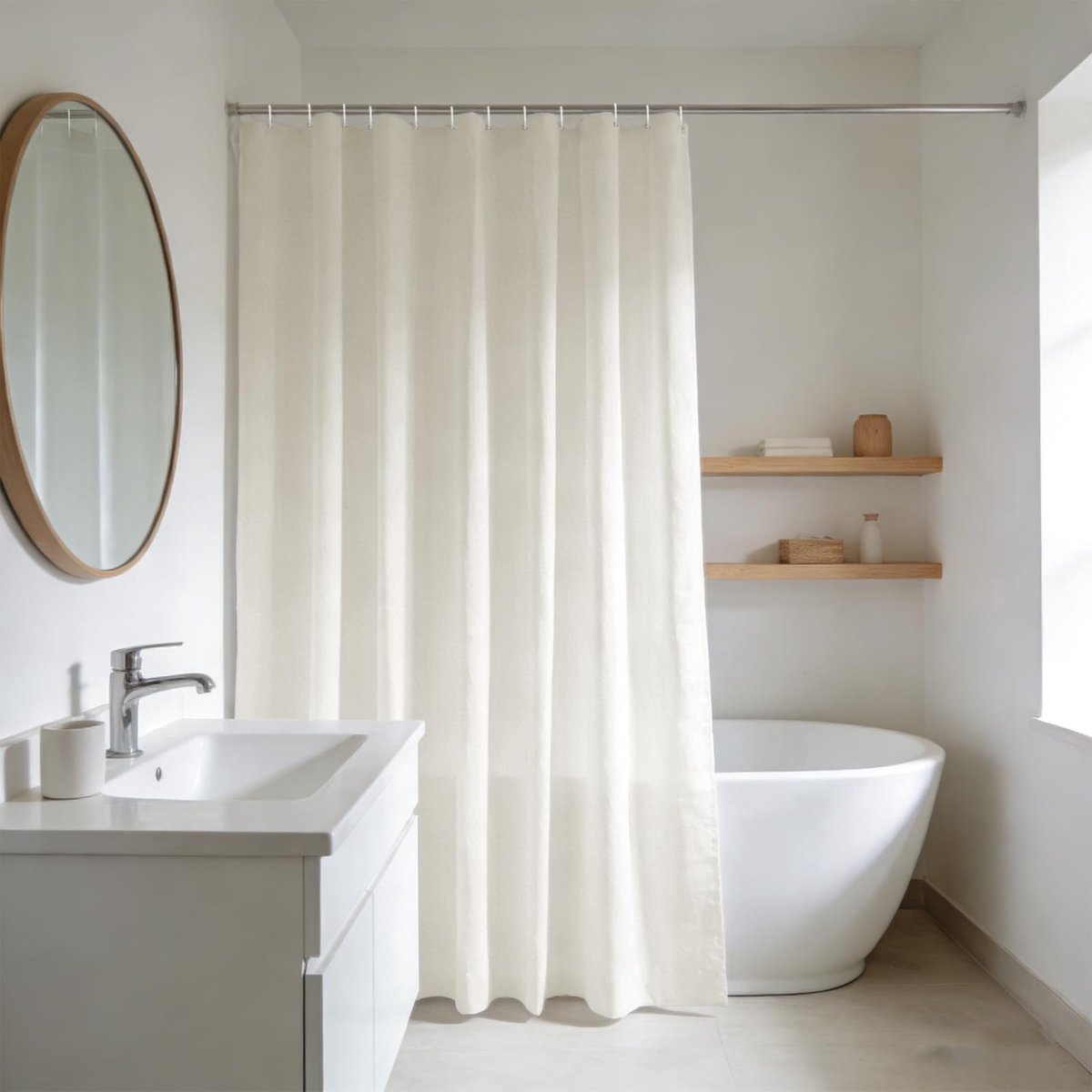 Gordijn van wasbaar polyester, waterafstotend, met metalen ringen, 180 x 240 cm (b x h), crème