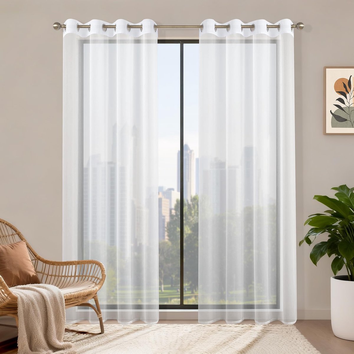 Gordijnen met ringen, set van 2, 200 x 140 cm, wit transparant, doorschijnende gordijnen, ringengordijn schlaufenschal voor slaapkamer, woonkamer, keuken Sheer Curtains