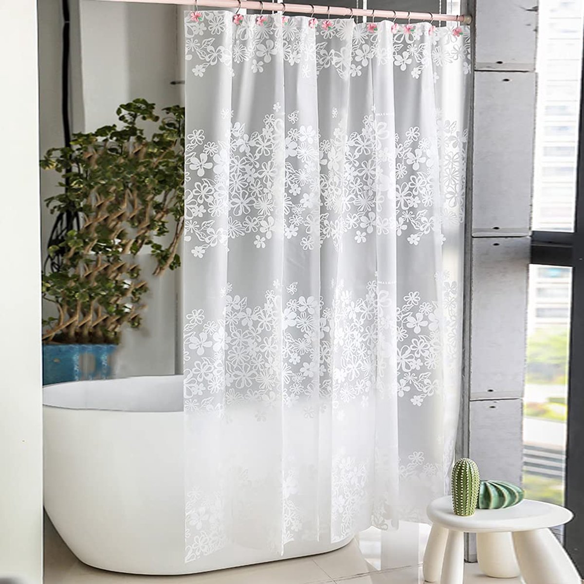 Douchegordijnen met bloemmotief en schimmelvorming, 240/300 cm extra brede badkamer douchegordijnen met U-vormige haken, witte douchegordijnen voor badkamer, waterdicht, kunststof, PEVA, 260 x