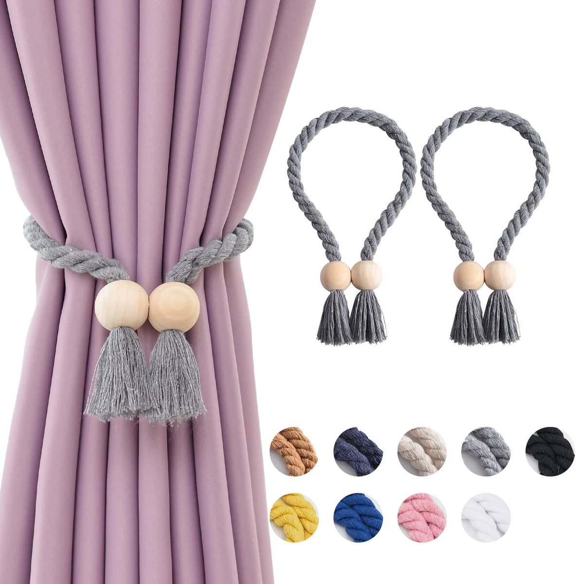 Gordijn-ophanghouders van hout, boho-decoratie, vouwhouders, natuurlijk katoen, handgeweven, voor raamgordijnen voor thuis en op kantoor, grijs, 2 stuks
