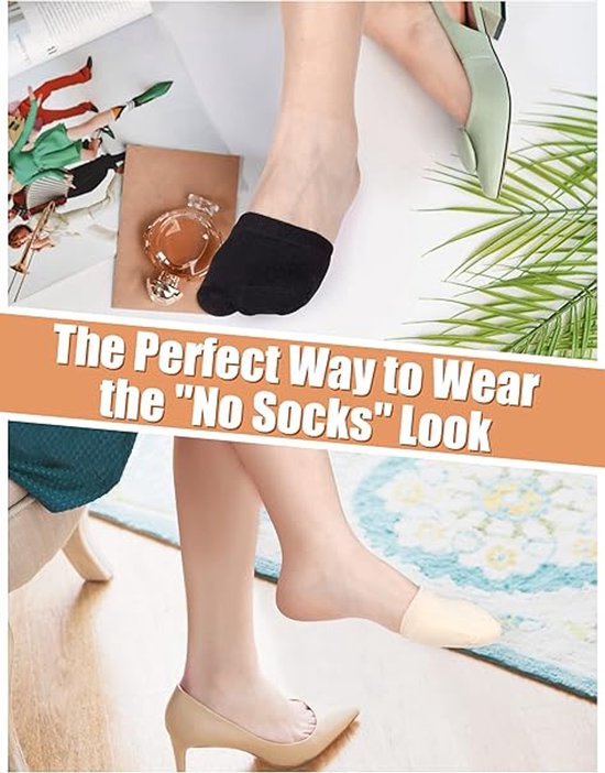 Damesvoetjes in zwarte en huidkleurige, onzichtbare sokken, ideaal voor de 'no socks' look met pumps en muiltjes.