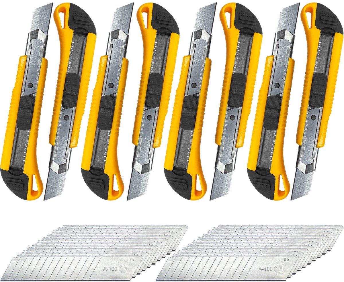 Set van 8 professionele snijders, 18 mm met reservemes, lemmet kan worden vervangen, antislip ABS-handgreep en dubbele vergrendeling, geschikt voor handwerk, snijwerk