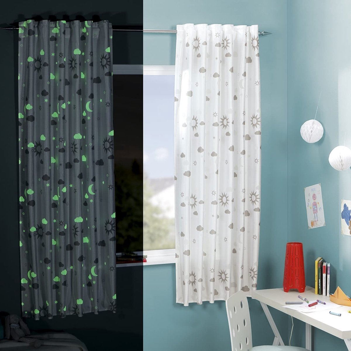 Lifestyle Fluorescerend kinderkamergordijn Magic, 140 x 175 cm, 1 stuk, verborgen lussen of plooiband, modern wit ondoorzichtig gordijn voor meisjes en jongens