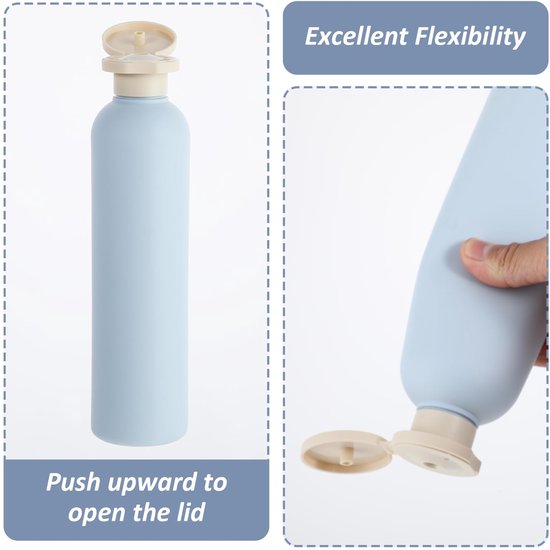 2-pack knijpflessen, 260 ml plastic navulbare reiscontainers met flip-dop - lekvrij voor shampoo, crèmes, lotion, conditioner (blauw + roze) — afbeelding 2
