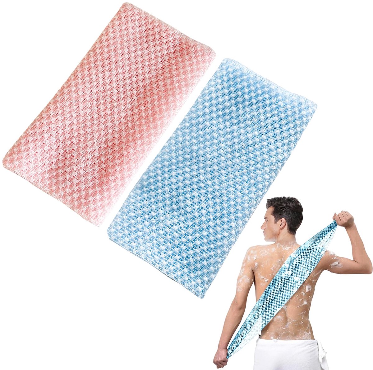 2 stuk exfoliërende handdoek, exfoliërende douchehanddoek lange exfoliërende doek antibacteriële exfoliërende douchescrubber voor vrouwen mannen reiniging schuim verwijdering van dode(blauw, roze)