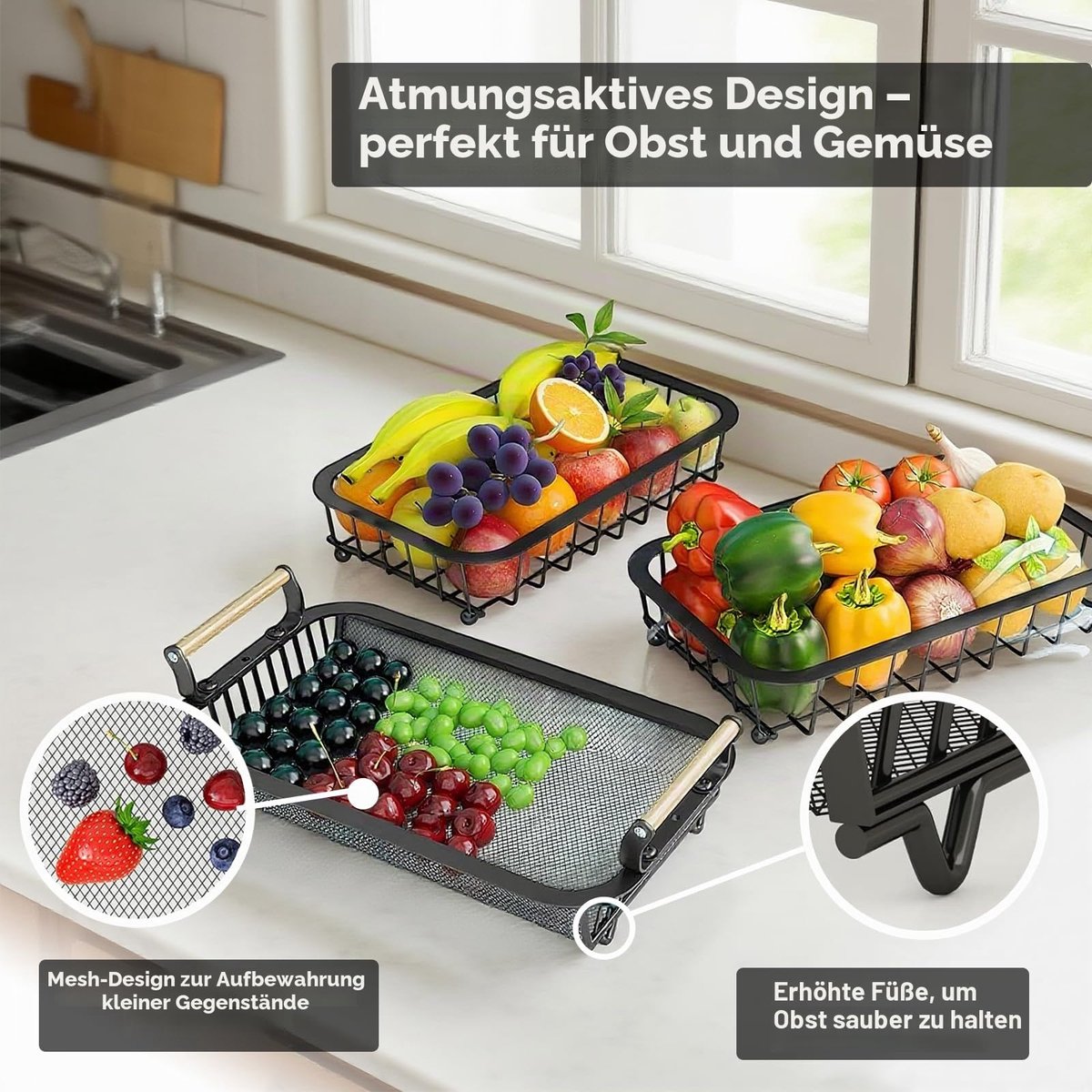Fruitmand met 3 niveaus met 2 hangers voor aanrecht, woonkamer, metalen mand met grote capaciteit voor uien, snacks, zwart