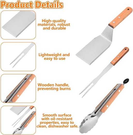 Spatels, RVS BBQ Spatel Set met Tang en Vleesvork, Grillspatel met Houten Handvat, Grillschraper en Barbecuegereedschap voor Buitenbarbecue — afbeelding 2