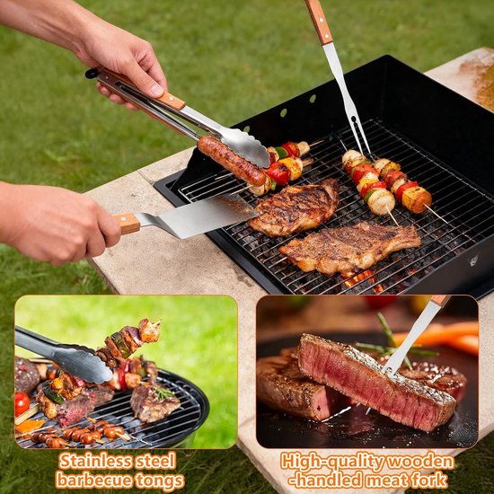 Spatels, RVS BBQ Spatel Set met Tang en Vleesvork, Grillspatel met Houten Handvat, Grillschraper en Barbecuegereedschap voor Buitenbarbecue — afbeelding 5