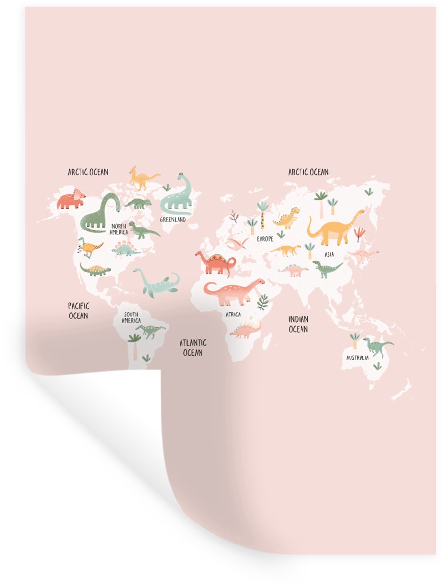 Muurstickers - Sticker Folie - Kaart - Kinderen - Dino - 90x120 cm - Plakfolie - Muurstick