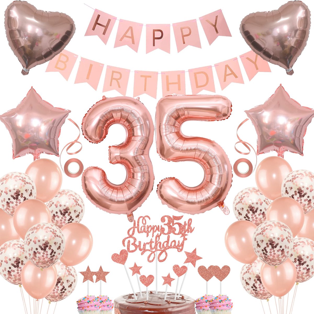 Decoratie voor de 35e verjaardag voor dames – taart, cadeau, ballon roségoud voor 35 jaar
