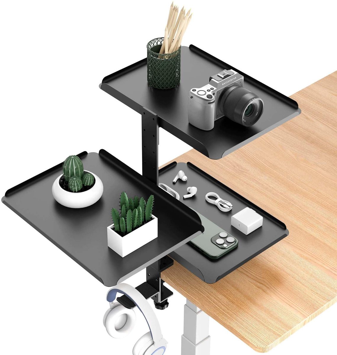 Zijstandaard, bureau-organizer, 3 niveaus, klem-on bureau-opzetstuk met verstelbaar opbergvak en hoofdtelefoonstandaard, voor kantoor, tafel, make-uptafel, thuis, kantoor, zwart
