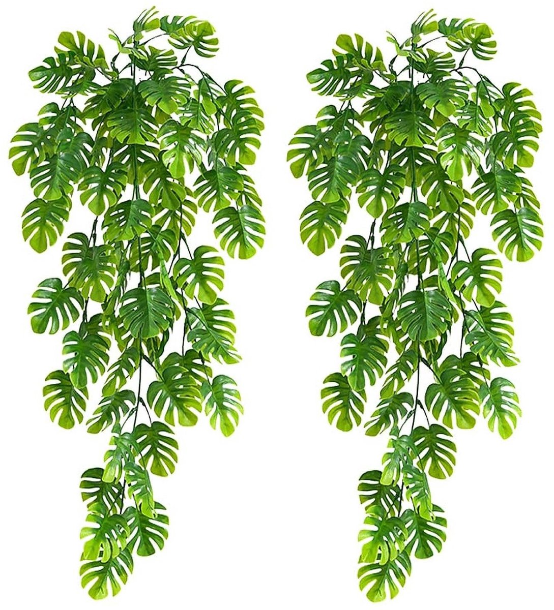 2 stuks kunsthangplanten, lichtgroen, 70 cm lang, kunstplant kunstmonstera-bladeren, nep klimop, hangende slingers voor bruiloft, tuin, wanddecoratie, hangmanden